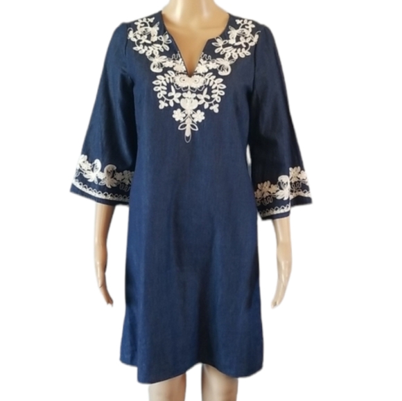 Vintage Chic BOHO ECI Denim Embroidered Floral Cotton Dress - SZ 4 - Picture 2 of 14